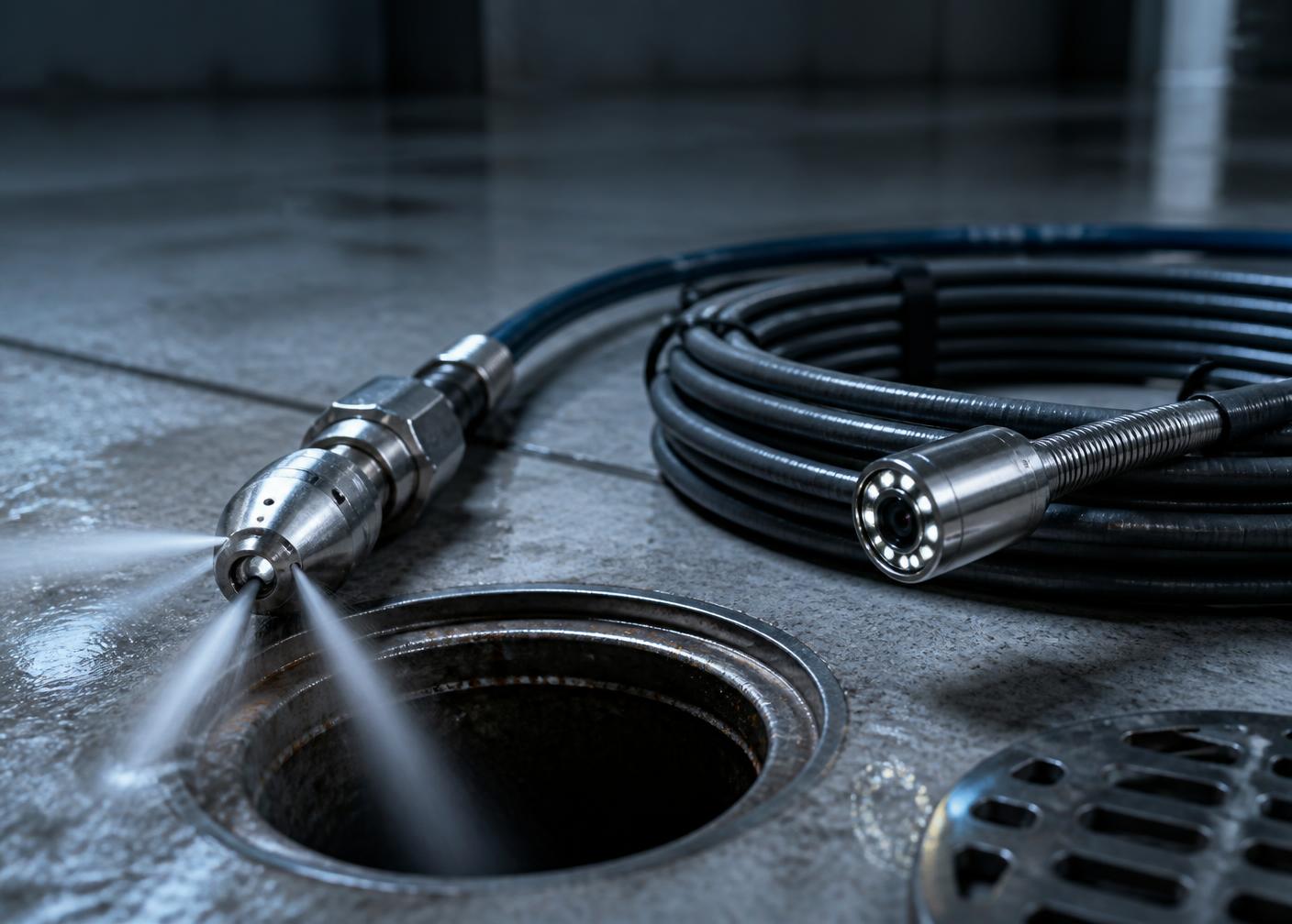 Hydro-jetting nozzle and drain inspection camera beside an open floor drain