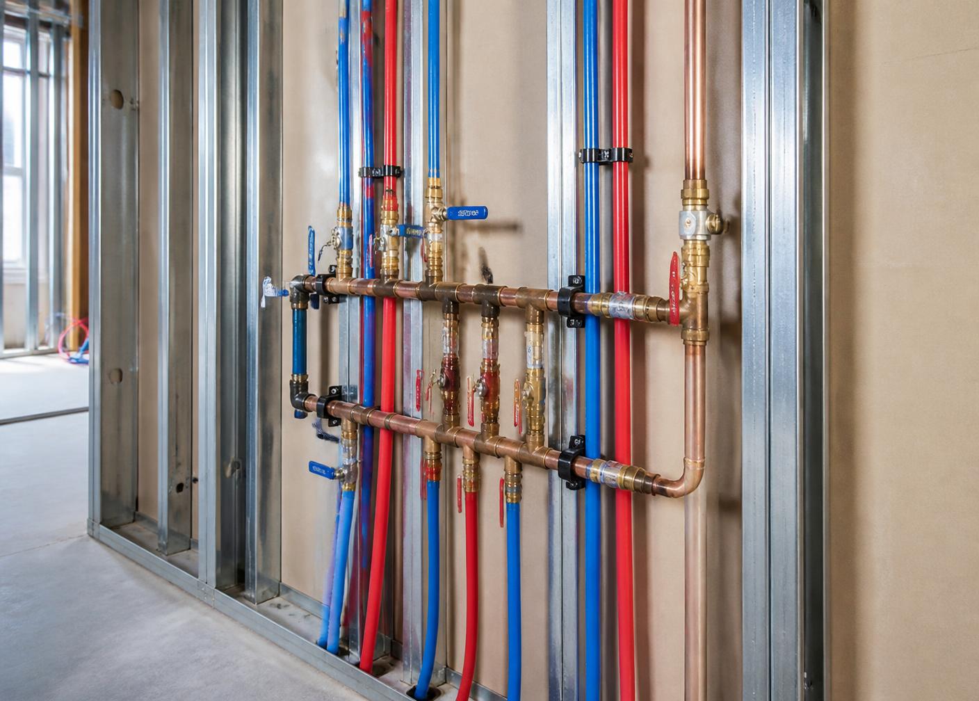 New water distribution piping installed in an open wall cavity