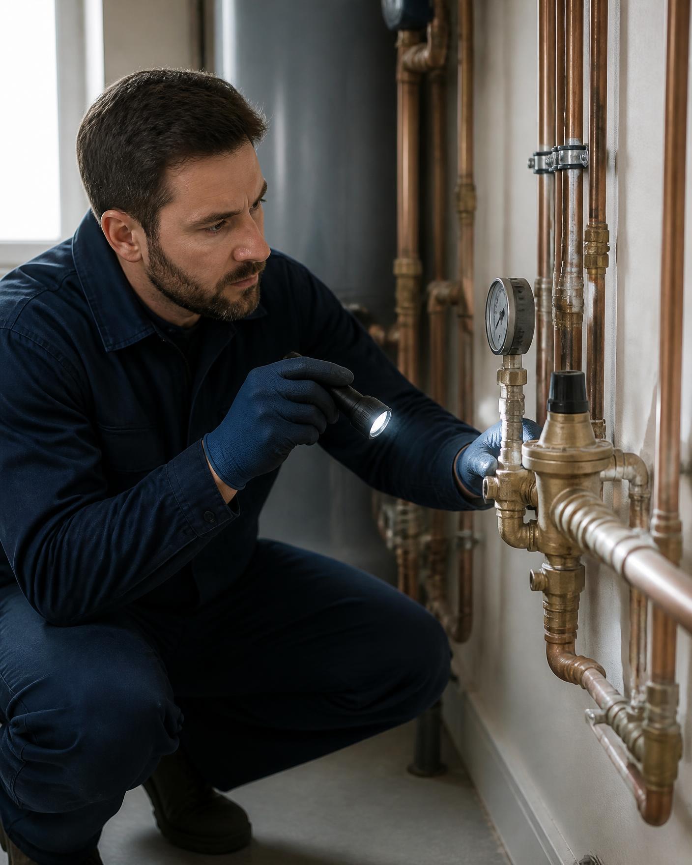 Solvo technician inspecting a pressure valve assembly on copper distribution piping