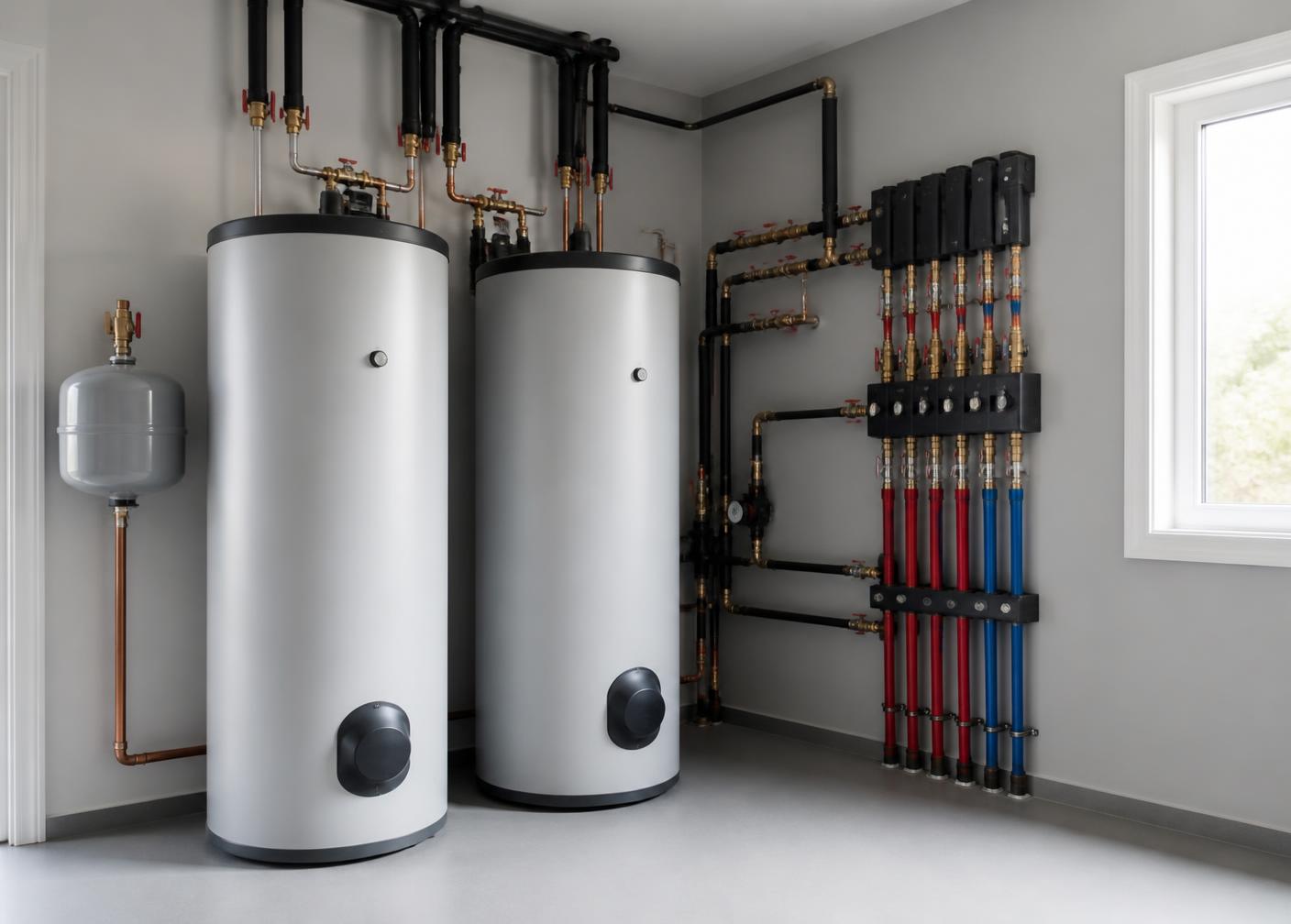 Newly installed water heater tanks and manifold piping